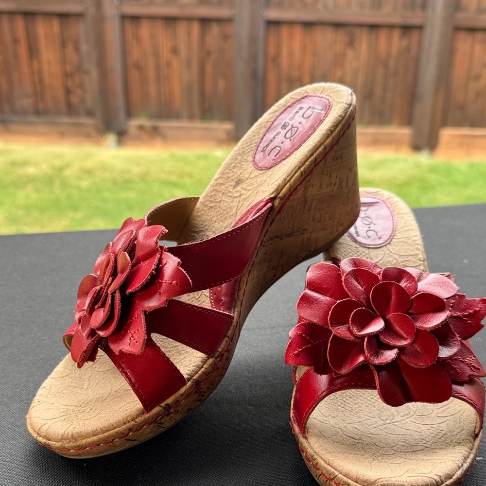 b.o.c. Dark Red Floral Wedge Sandals